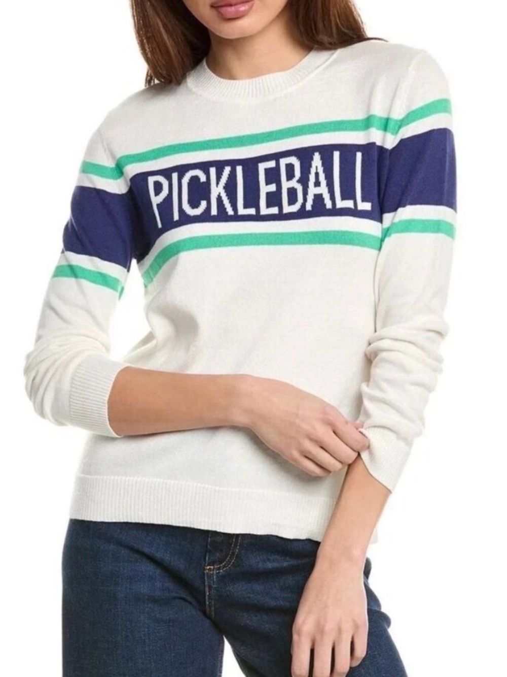 Alashan Pickleball cashmere Crewneck Sweater in White with Navy & green Stripes
